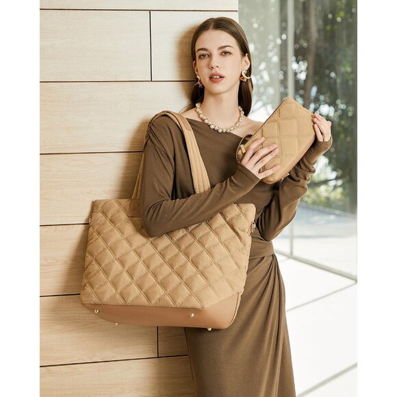 Prite Women Brown Polyester Compartment Quilted Puffer Shoulder Tote Work Bag - Picture 2 of 7